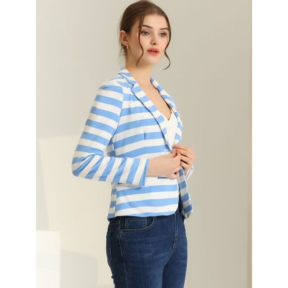 Notched Lapel Pocket Button Closure Striped Blazer Light Blue - Picture 3 of 5